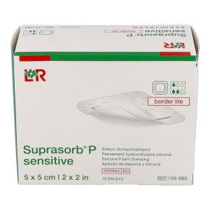 SUPRASORB P Sensitive – PU-Schaumverband mit schonender Silikon-Haftschicht, Border Lite ohne Superabsorber, 5x5cm